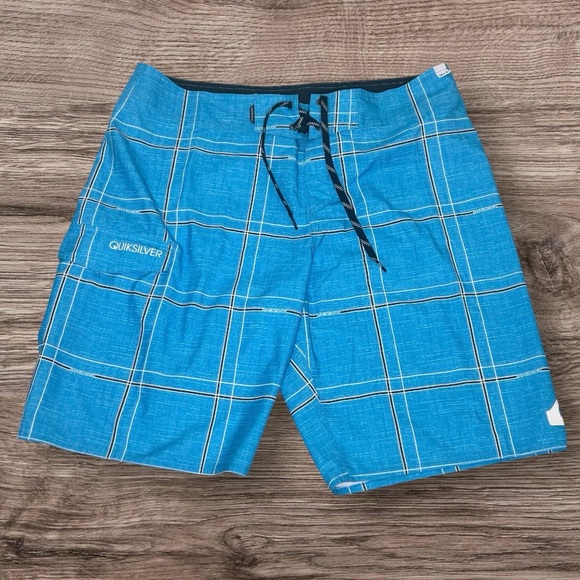 Quiksilver Electric‎ 21 Blue Board Shorts Quick-Dry Plaid Draw Cord Sz 36 - Picture 1 of 8